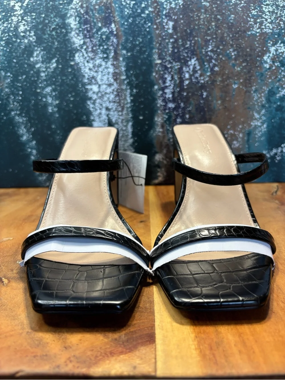 The Drop Old Money Black Croc Square Toe Block Heel Sandals NWT Women’s Size 4.5